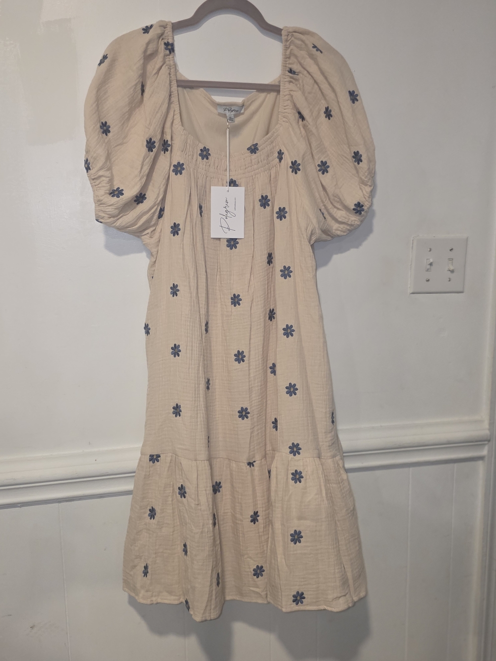 POLOGRAM Cream Midi Dress with Navy Floral Embroidery
